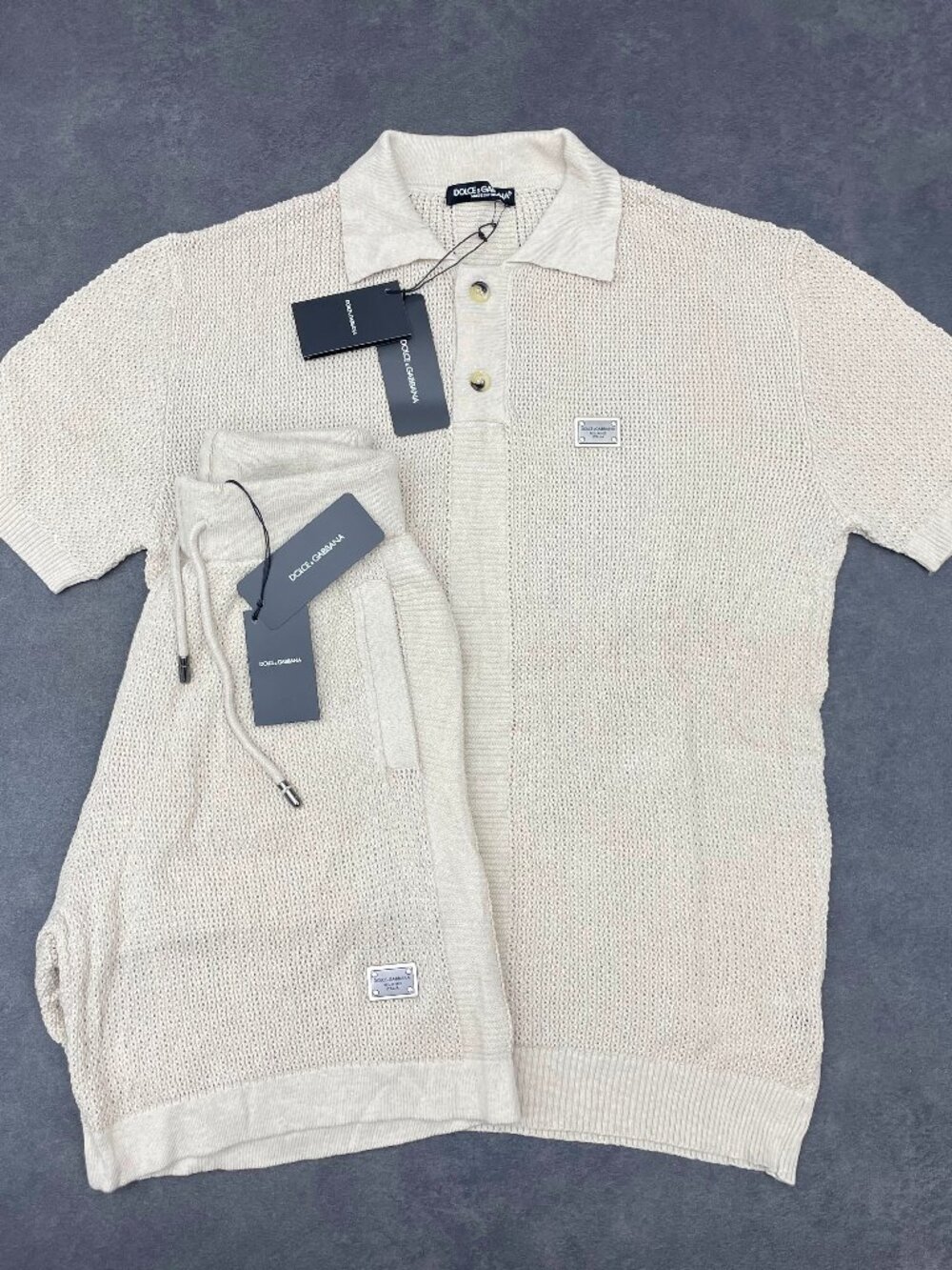 Dolce & Gabbana Men’s Cream Knit Polo Shirt & Shorts Set- Size XXL